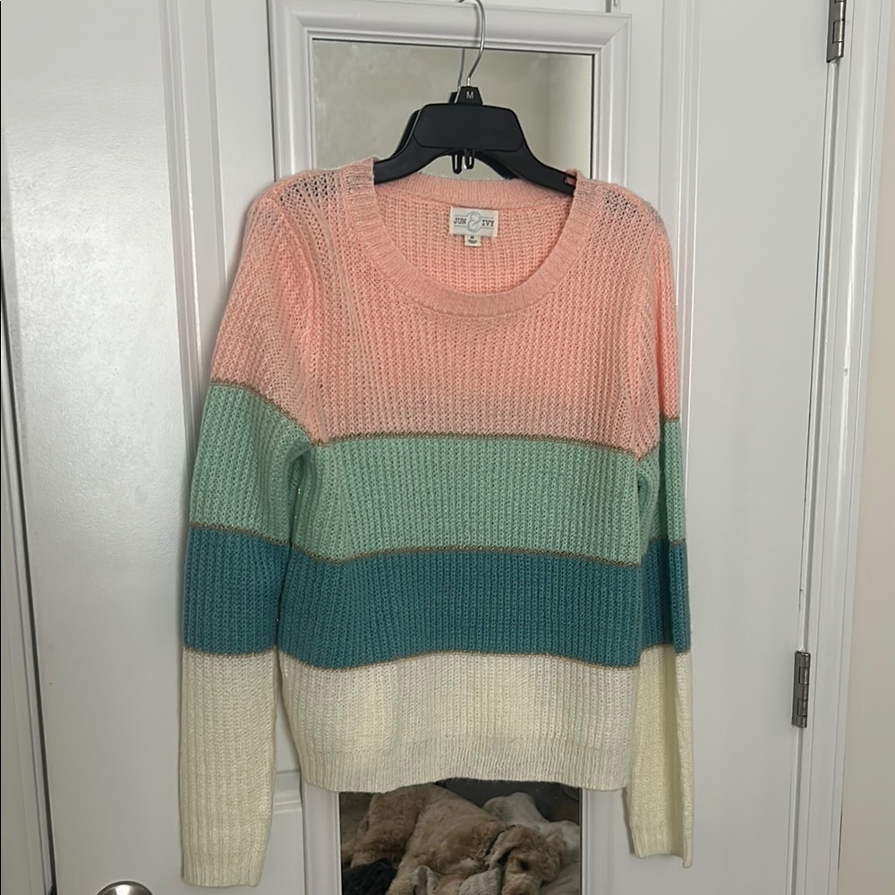 Pink and Green Crew Neck Sweater with Ribbed Texture